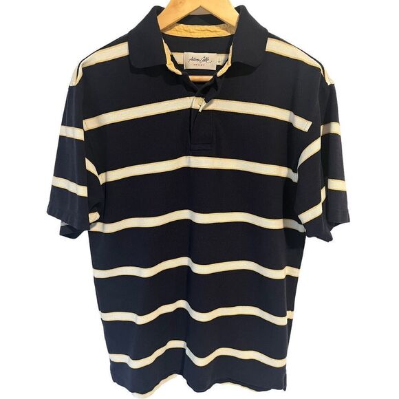 Arturo Arturo Calle Other - Arturo Calle Mens Polo Shirt Large Navy Blue Yellow White Striped Short Sleeve S